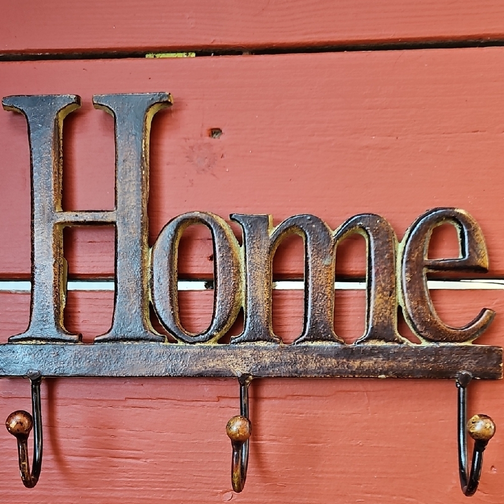 Vintage Cast Iron Metal  Bronze Look 'Home'Wall Hook 12 X 7" Key Coat Hat Holder